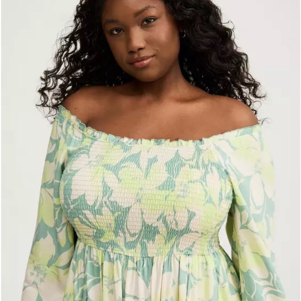 Torrid Off-Shoulder Floral Dress - Green and Cream
